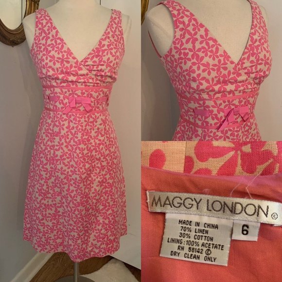 Maggy London Pink Floral Dress Fit & Flare 6 sleeveless Cocktail Easter V Neck - Picture 3 of 12